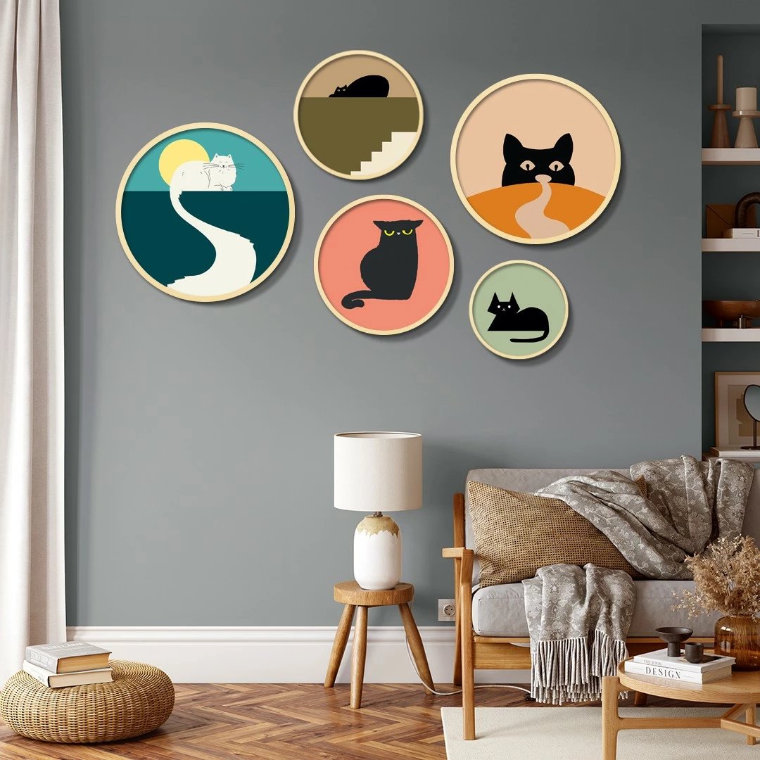 Set pikturash dekorative të rrumbullakëta, MDF me kornizë, 5 copë, Wallity, Yats-13