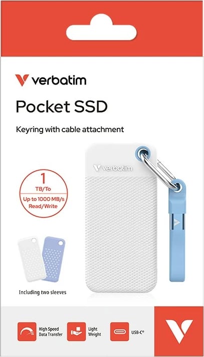 SSD i jashtëm, Verbatim, Pocket SSD Summer Edition DQVE32320PLG, 1TB, USB-C 3.2 Gen 2 1000MB/s, e bardhë/bojëqiell