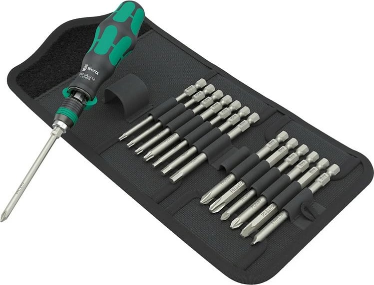 Set kaçavidash Wera 838 RA-R M, 15 pjesë, me mbështjellës, zi/gjelbër