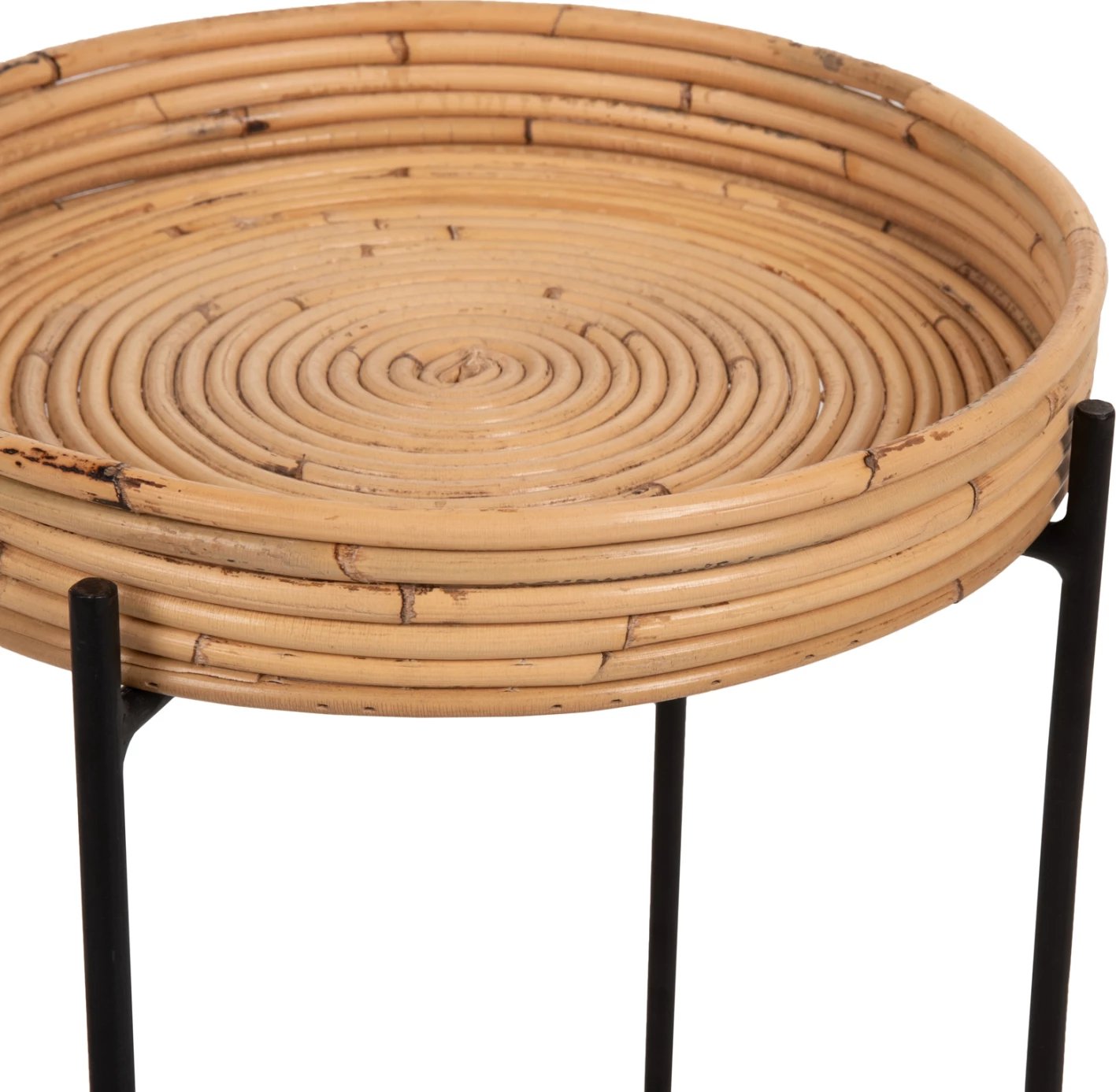 Tavolinë anësore e rrumbullakët FLY, ratan natyral, bazë metalike e zezë, FH7905, Φ32x48H cm