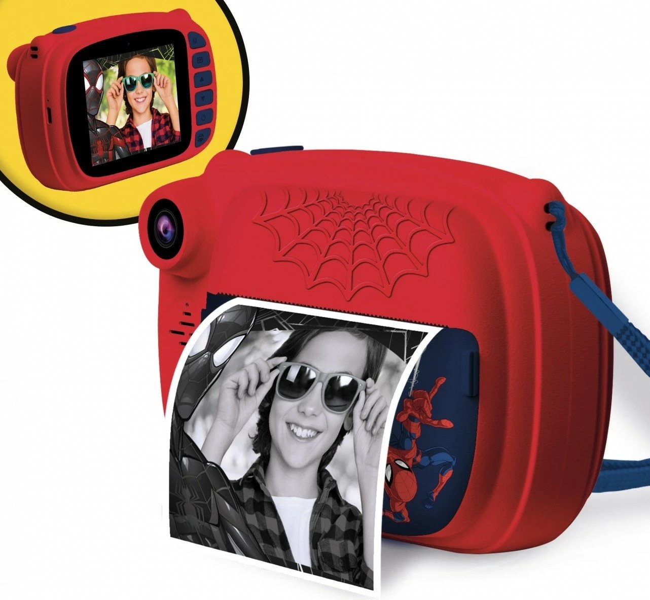 Aparat fotografik për fëmijë Lisciani Spiderman Print Cam, me ekran LCD, dy kamera, Blu/Kuqe