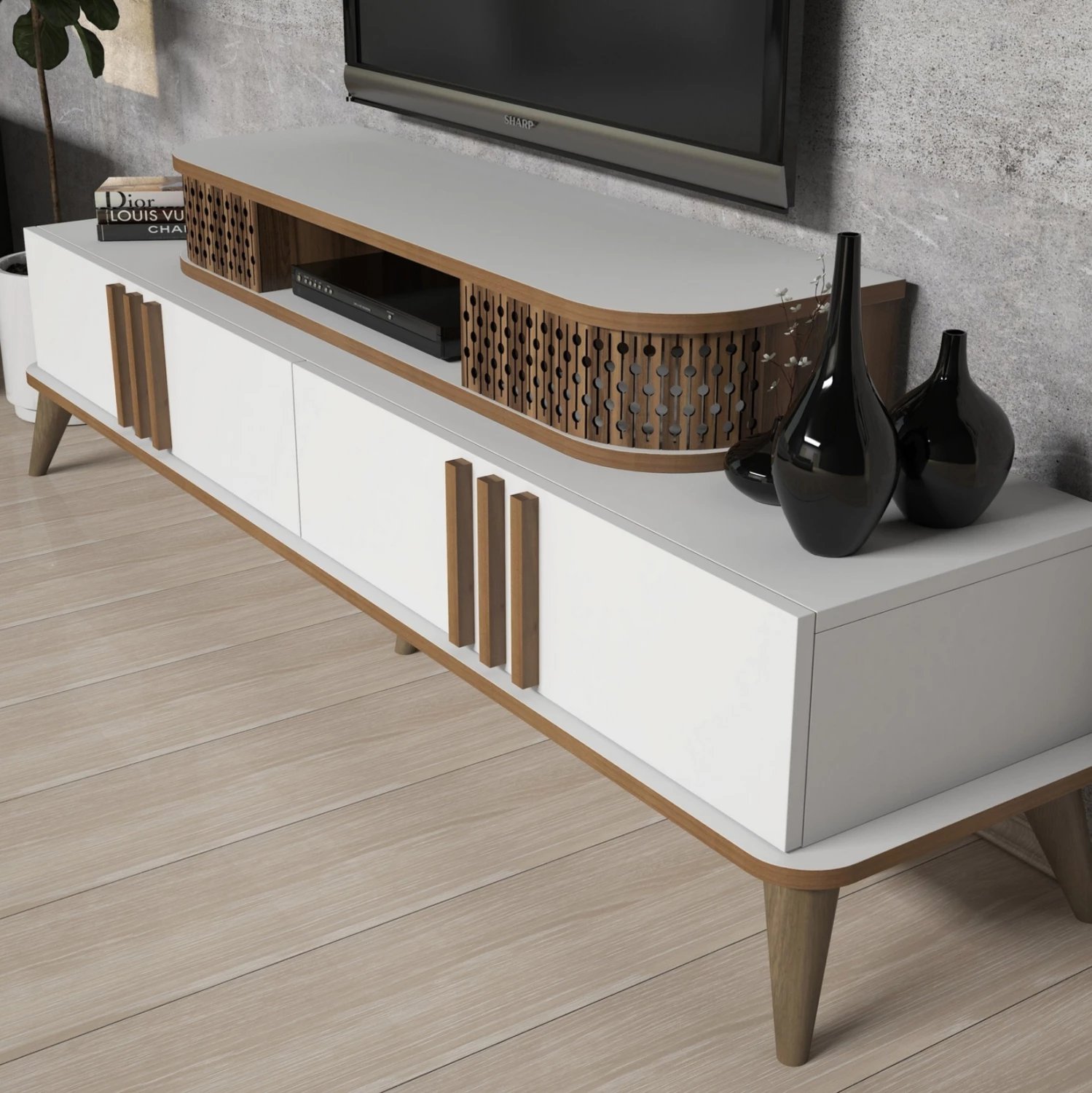 Mobilje TV kombo FH9515.03 melaminë, ngjyrë e bardhë dhe arre, 168x39x51.6Hcm