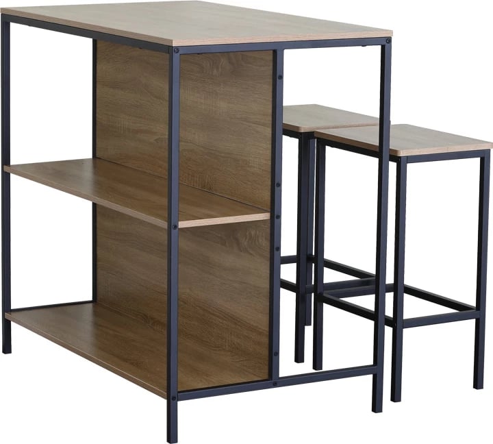 Set tavolinë me karrige për bar, ngjyrë lisi me metal të zi, Bailon, 100x60x95cm