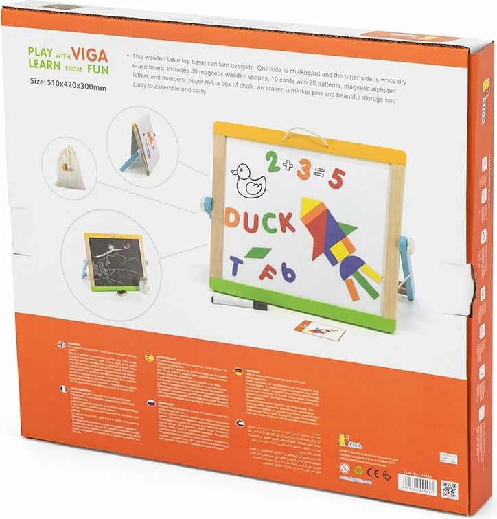 Tabelë magnetike druri, Viga, me dy anë (tabelë e bardhë + shkumës), set me 26 shkronja, 10 numra, 29 forma, me rul letre, multingjyrës