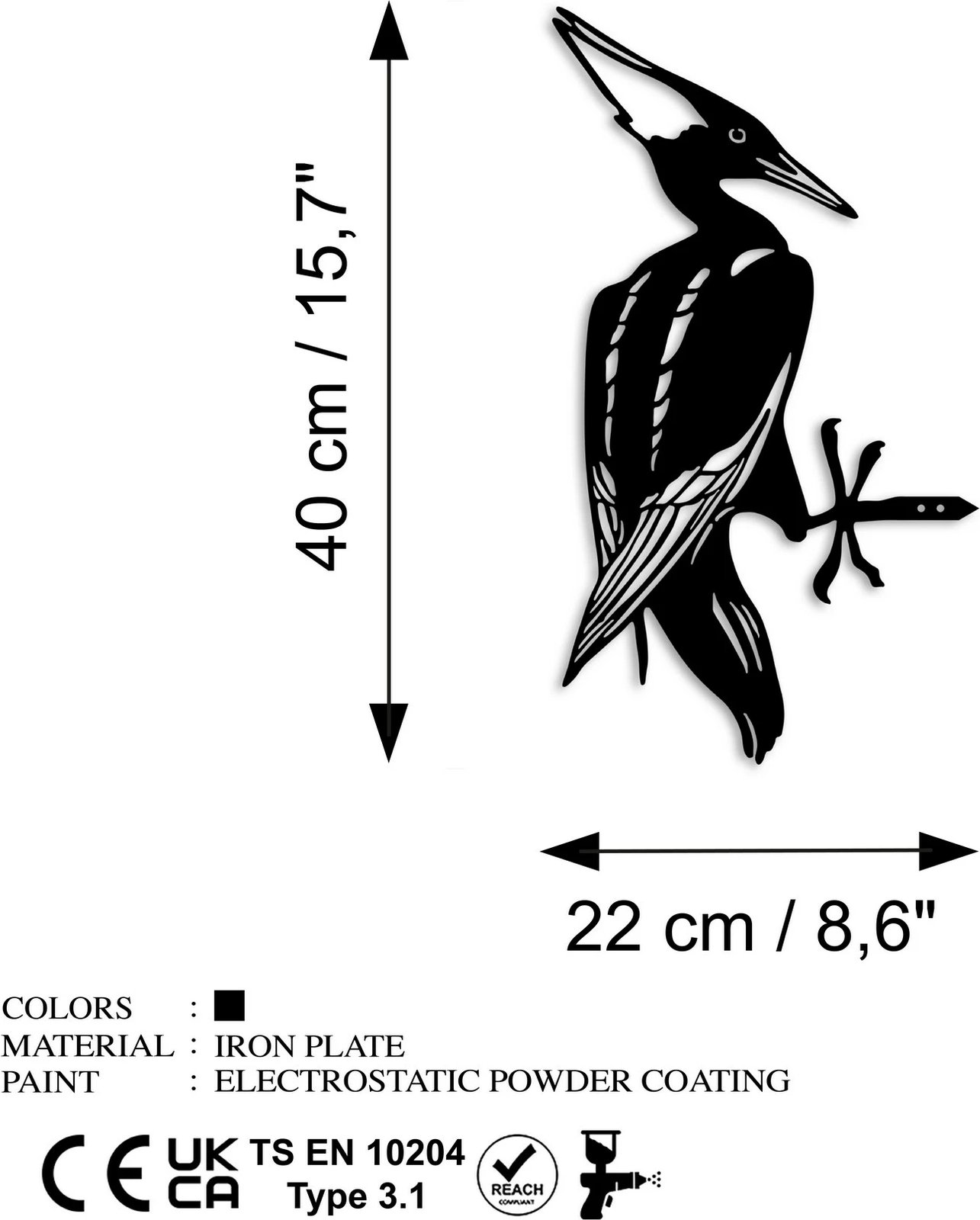Dekor për kopsht, zog në degë, ngjyrë e zezë, Aberto Design, 22x40cm