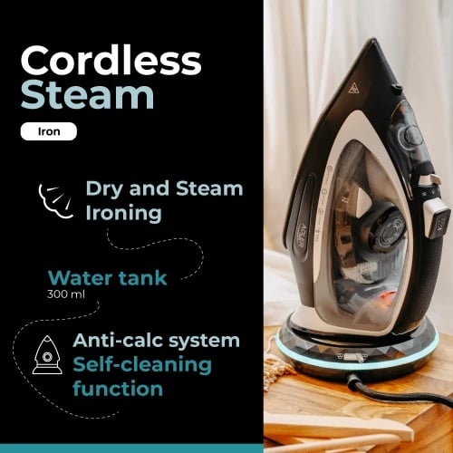 Hekur me avull pa kabllo 2-në-1, Adler AD 5043, 2800W, bazë qeramike 23.5x12 cm, depo uji 300 ml, zi/argjendtë