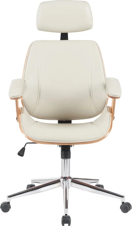 Karrige zyre regjisori Fetseno, lëkurë PU bezhë, bazë kromi, 53x56x113.5-123.5cm