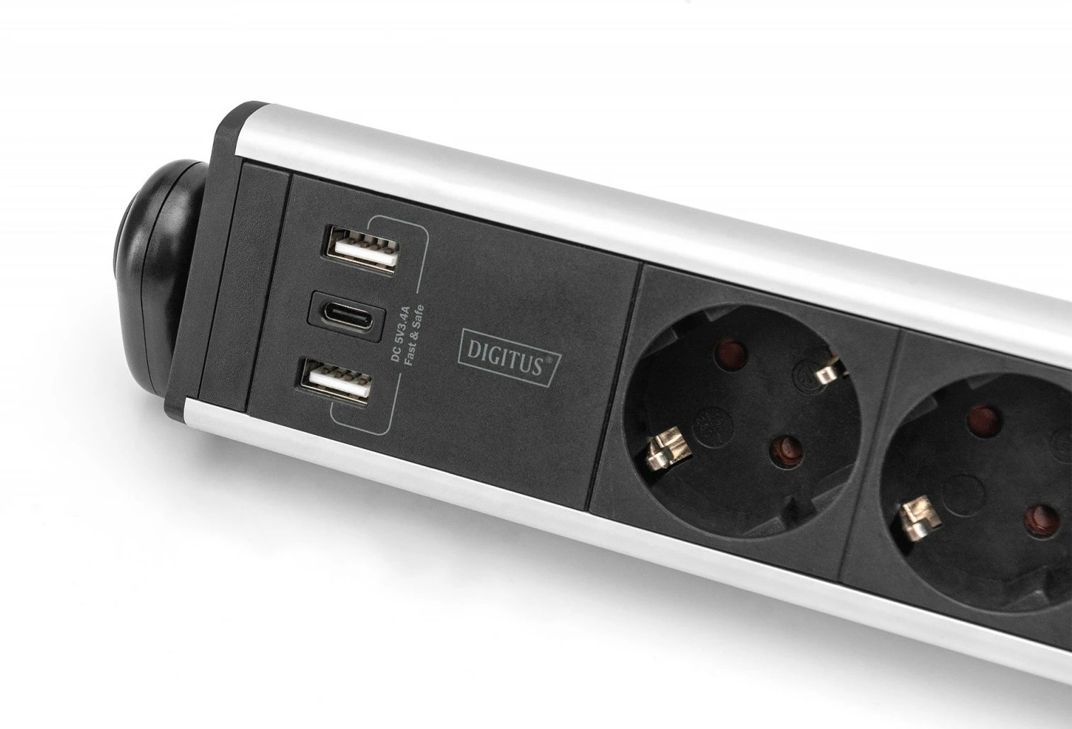 Prizë shumëfishe Digitus DA-70624 me 6 dalje, 2xUSB-A, 1xUSB-C, alumini, montim me kapëse, e zezë/argjendtë