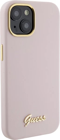 Mbështjellës Guess Silicone Script Metal Logo & Frame për iPhone 15, Rozë