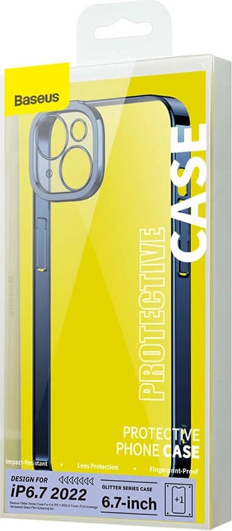 Mbështjellës Baseus Glitter me xham të temperuar për iPhone 14 Plus, Blu, set
