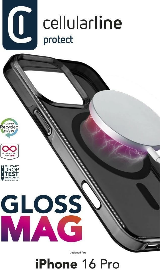 Mbështjellës Cellularline Gloss Mag MagSafe për iPhone 16 Pro, i zi