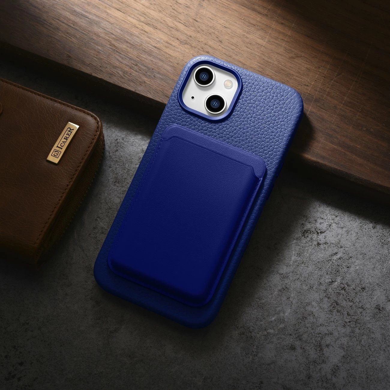 Mbështjellës iCarer Litchi Premium për iPhone 14 me MagSafe, Lëkurë, Blu e errët