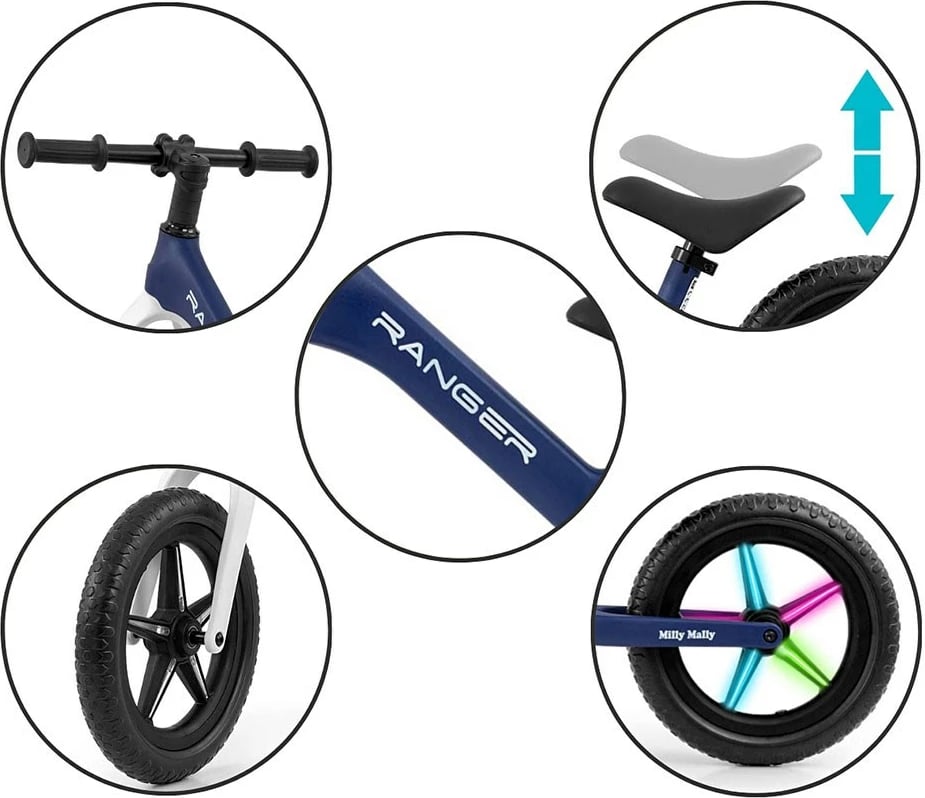 biçikletë pa pedale, Milly Mally Ranger Flash, 12", kornizë kompozite, goma EVA me LED, sedile e rregullueshme, blue navy