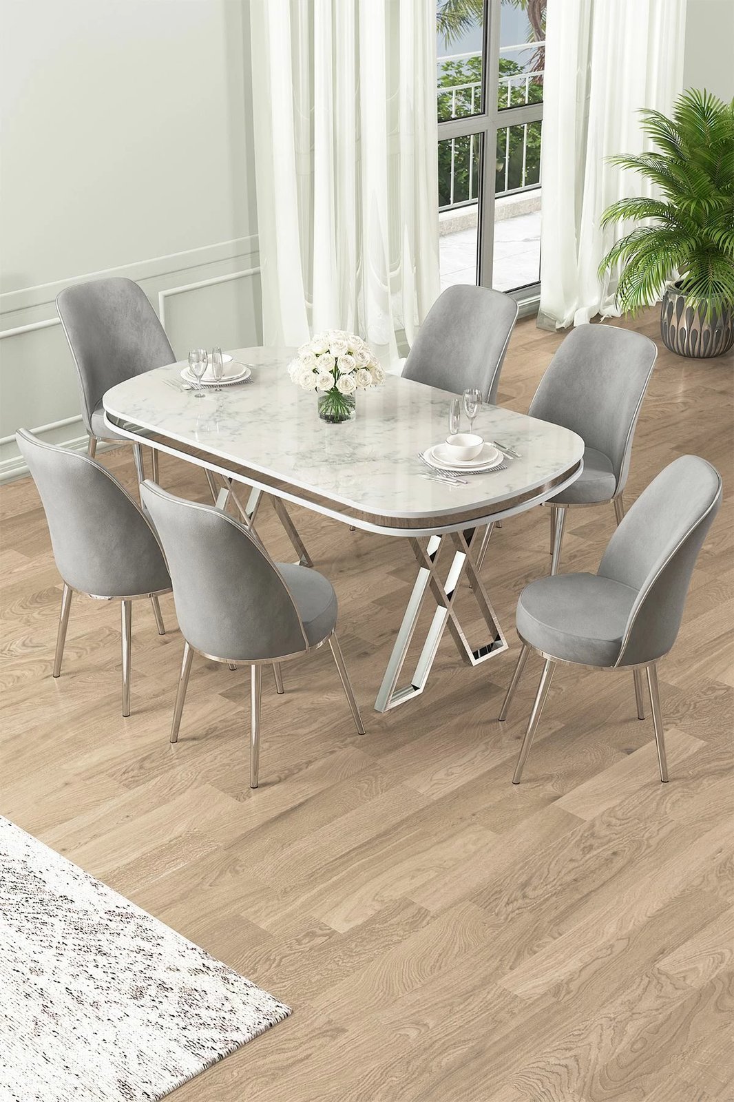 Tavolinë me karrige për ngrënie, 7 copë, Skye Decor, e bardhë, krom, gri