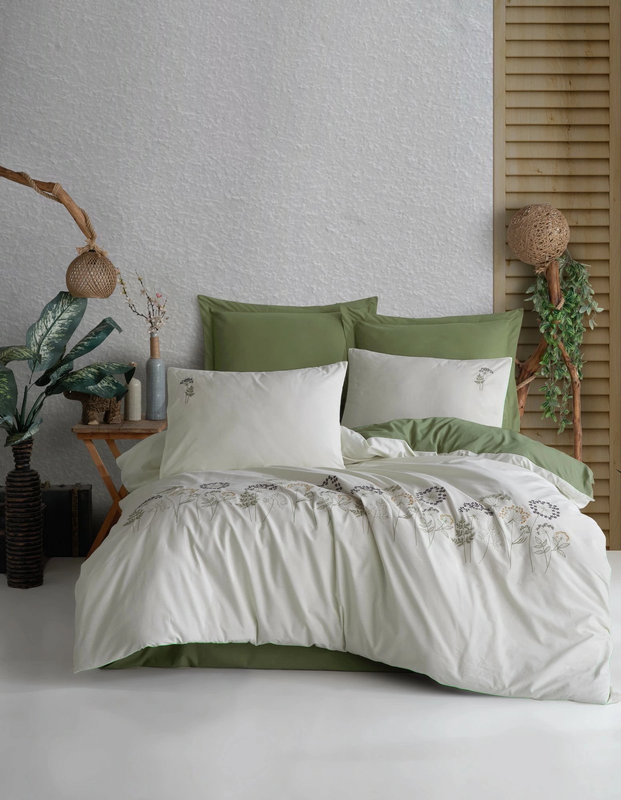 Set mbulesash për dyshek dopio, dizajn botanik, ngjyrë e gjelbër