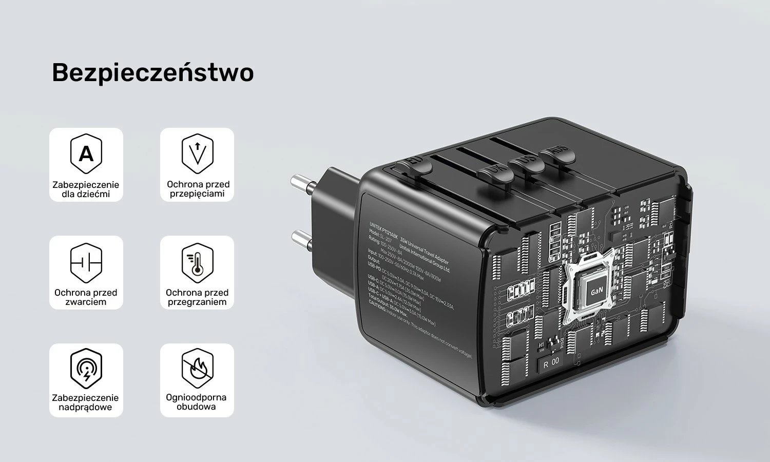 Karikues udhëtimi Unitek, 35 W, i zi