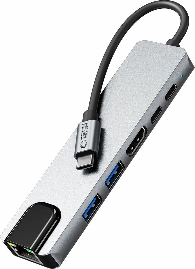 Adapter HUB Tech-Protect HB02 6in1, USB-C, USB 2.0, USB 3.0, HDMI 4K, RJ45, PD 100W, Gri