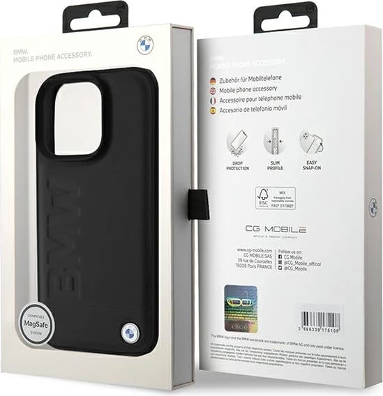 Mbështjellës BMW Leather Hot Stamp MagSafe për iPhone 16 Pro, i zi