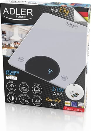 Peshore kuzhine, Adler AD 3173, 10 kg, ekran LED, platformë xhami të temperuar 3 mm, funksion Tare, gri