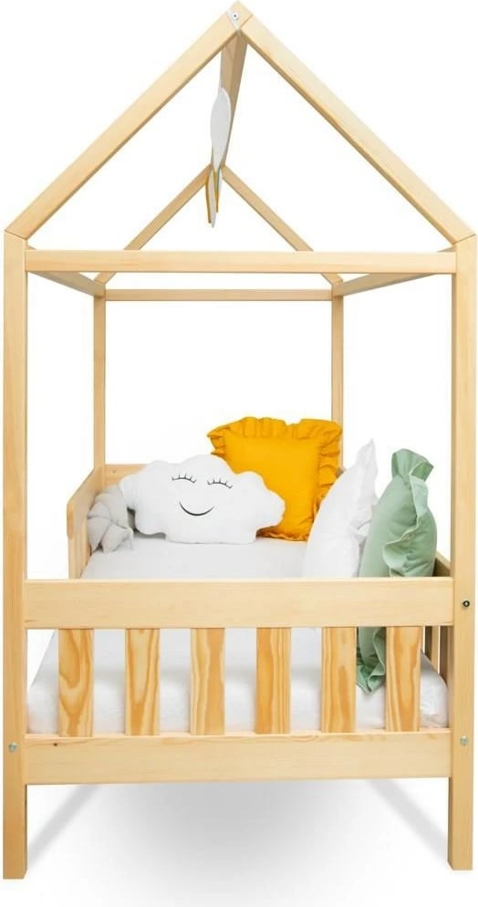 krevat shtëpizë për fëmijë, New Baby CASTELLO, 160x80 cm, me mbrojtëse dhe bazë me letvica, natyral