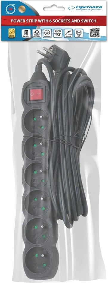 Shtrirës rryme Esperanza ELK219K, 6 dalje, 5 m, i zi