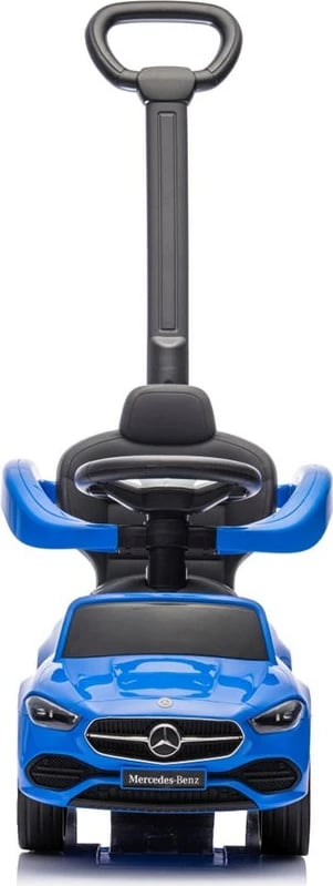 makinë ride-on me dorezë udhëzuese, Milly Mally Mercedes C-Class Deluxe, sedilje eko-lëkurë, goma gome, tinguj timoni, ngarkesë 25 kg, 12–36 muaj, blu
