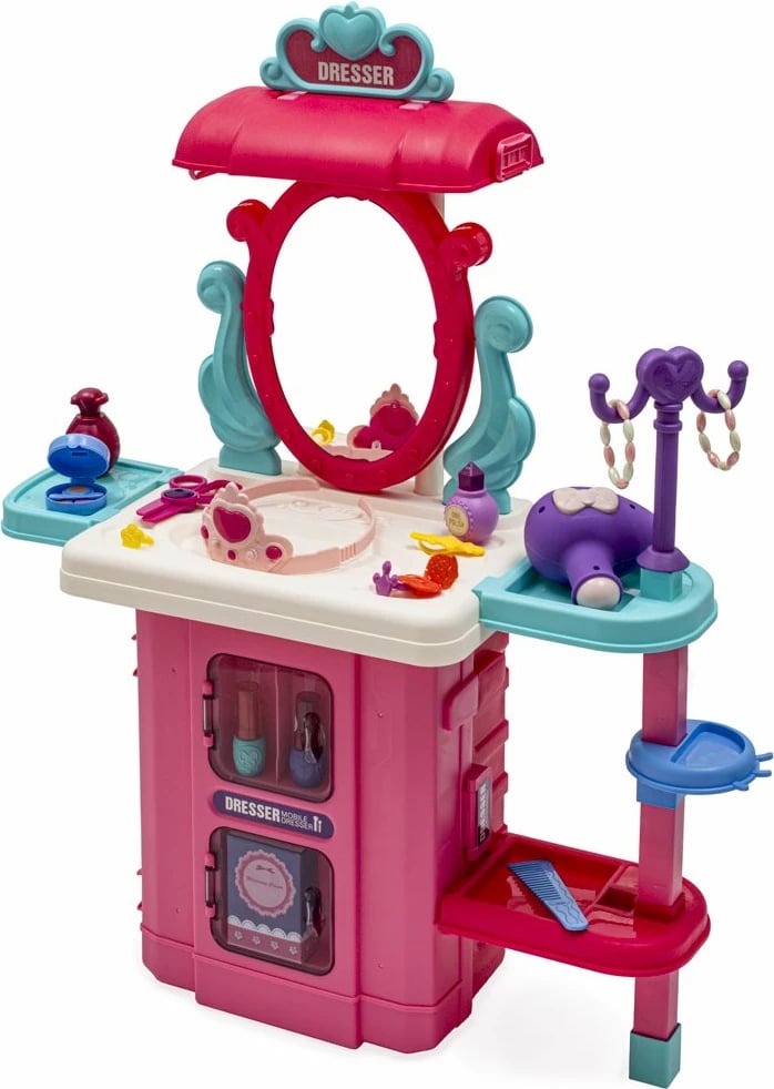 Set lodrash kozmetike 3‑në‑1, BABY MIX, tavolinë me pasqyrë dhe valixhe, 73.5 x 60 cm, rozë