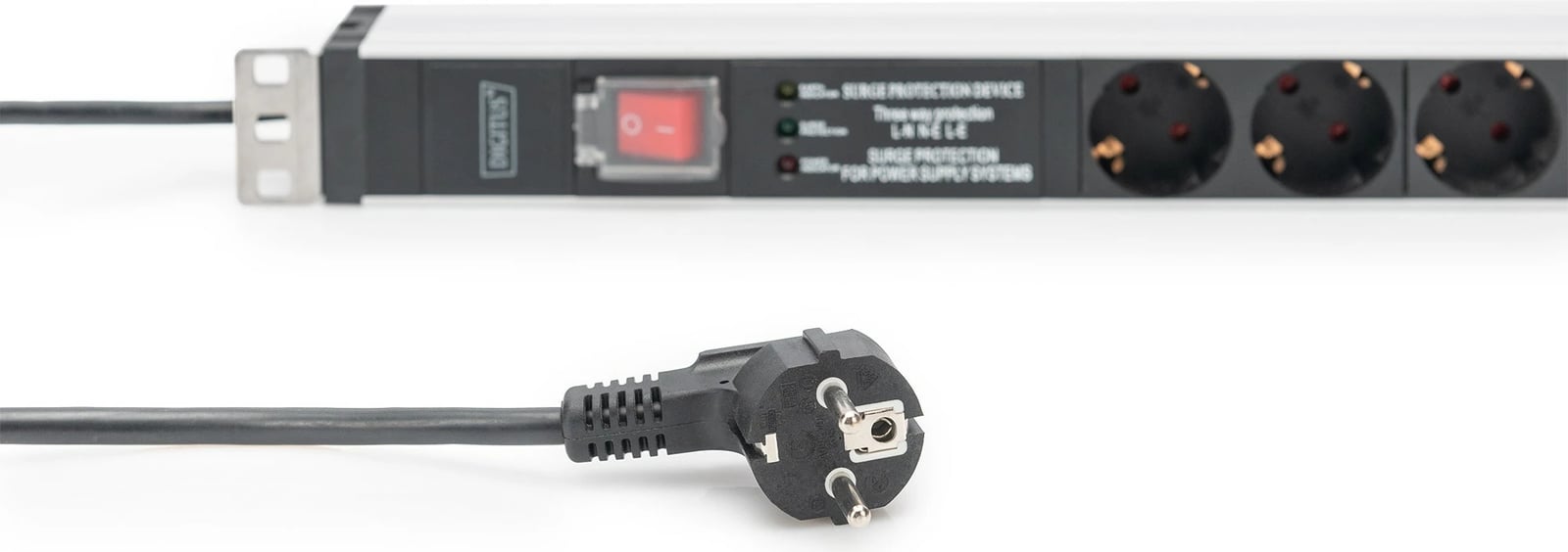 Prizë rack Digitus PDU 1U, 5 dalje, 16A, 230V, mbrojtje nga mbingarkesa, alumini