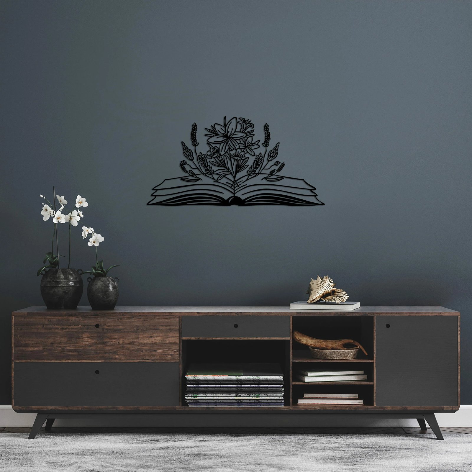 Aksesor dekorativ metalik për mur, Wallity, libër dhe lule