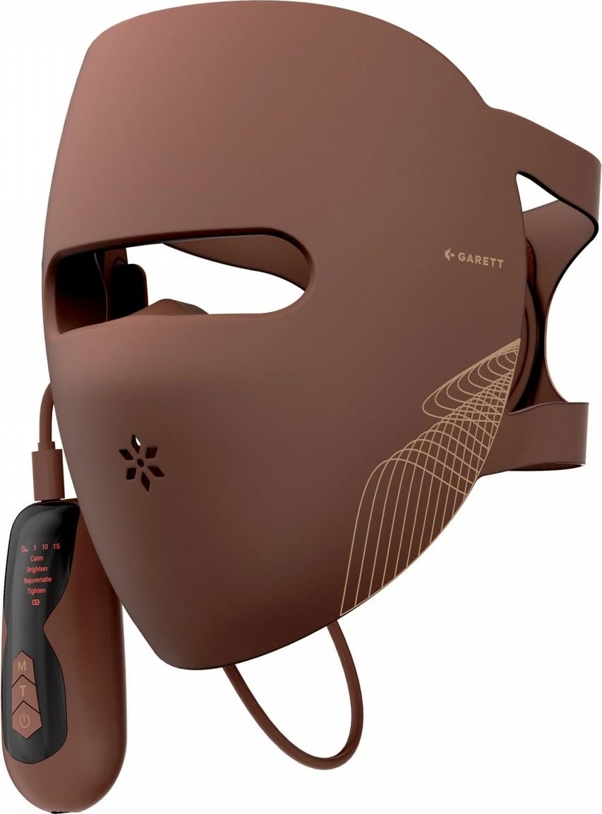 Maskë LED fytyrë & qafë, Garett Beauty Skin Ritual, 4 spektra (660/850/525/590 nm), kontrollues me ekran, IPX6, bateri rikarikueshme, set 2 pjesë, kafe