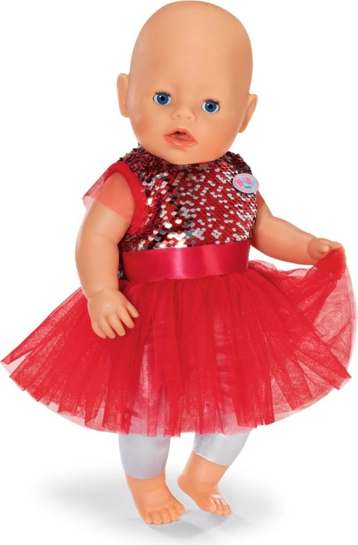 Veshje festive për kukull, Baby Born 836118-116724, për 43 cm, e kuqe/argjendtë/e bardhë, set me fustan, leggins, këpucë, kapelë Santa, varëse