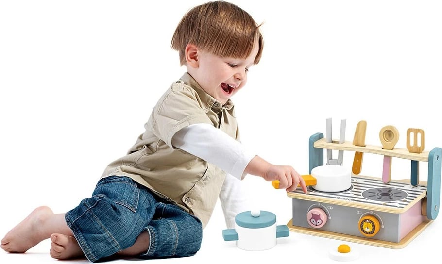 Mini kuzhinë druri, Viga, sobë palosëse me tigan e tenxhere, aksesorë lojë imagjinare 2+ vjeç, multikolor, set