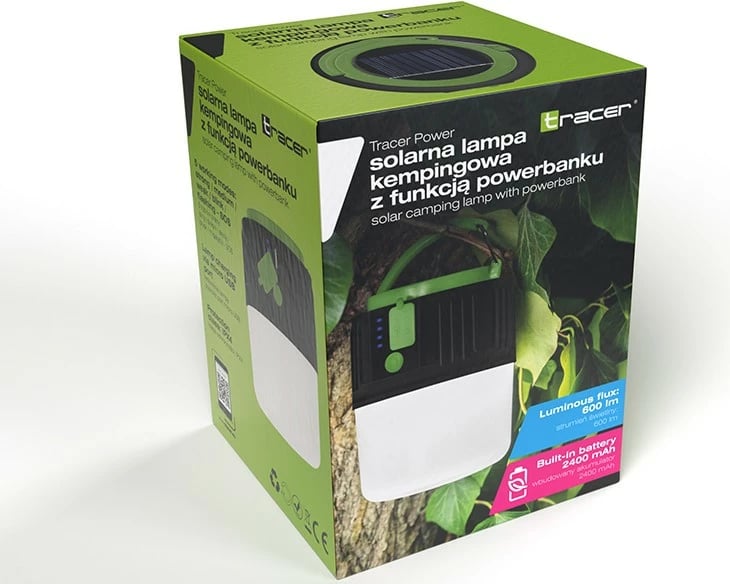 Llambë kampingu, Tracer, TRACER POWER TRAOSW47141, LED 600 lm, bateri 2400 mAh, solare + USB Powerbank, 5 modalitete, IPX4, 8 orë, e zezë/jeshile