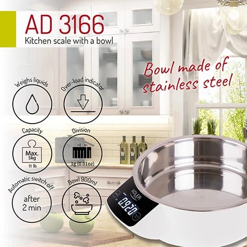 Peshore kuzhine, Adler AD 3166, kapacitet 5 kg, tas çelik inox 900 ml, ekran LCD me ndriçim, e bardhë