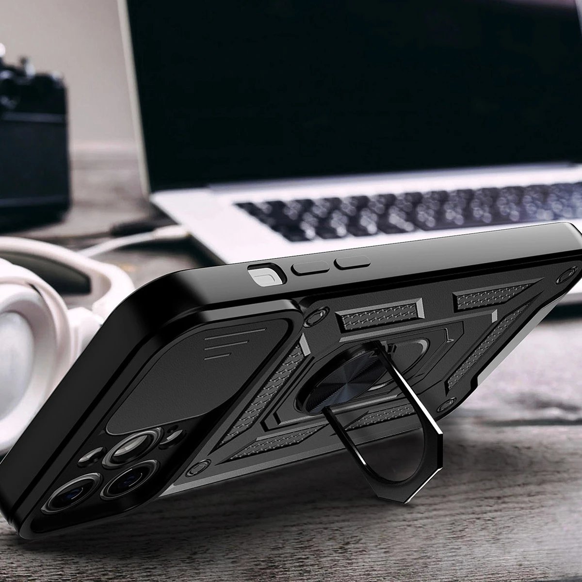 Mbështjellës Hurtel Hybrid Armor Camshield për Realme 10 Pro+, me mbulesë kamere, unazë metalike, i zi