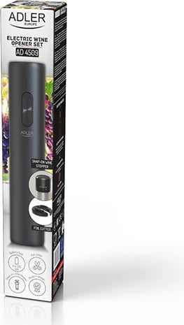 Hapëse verë elektrike, Adler AD 4509, me prerës foljeje dhe tapë mbyllëse, për tapa 20-24 mm, me 4xAA, e zezë, set