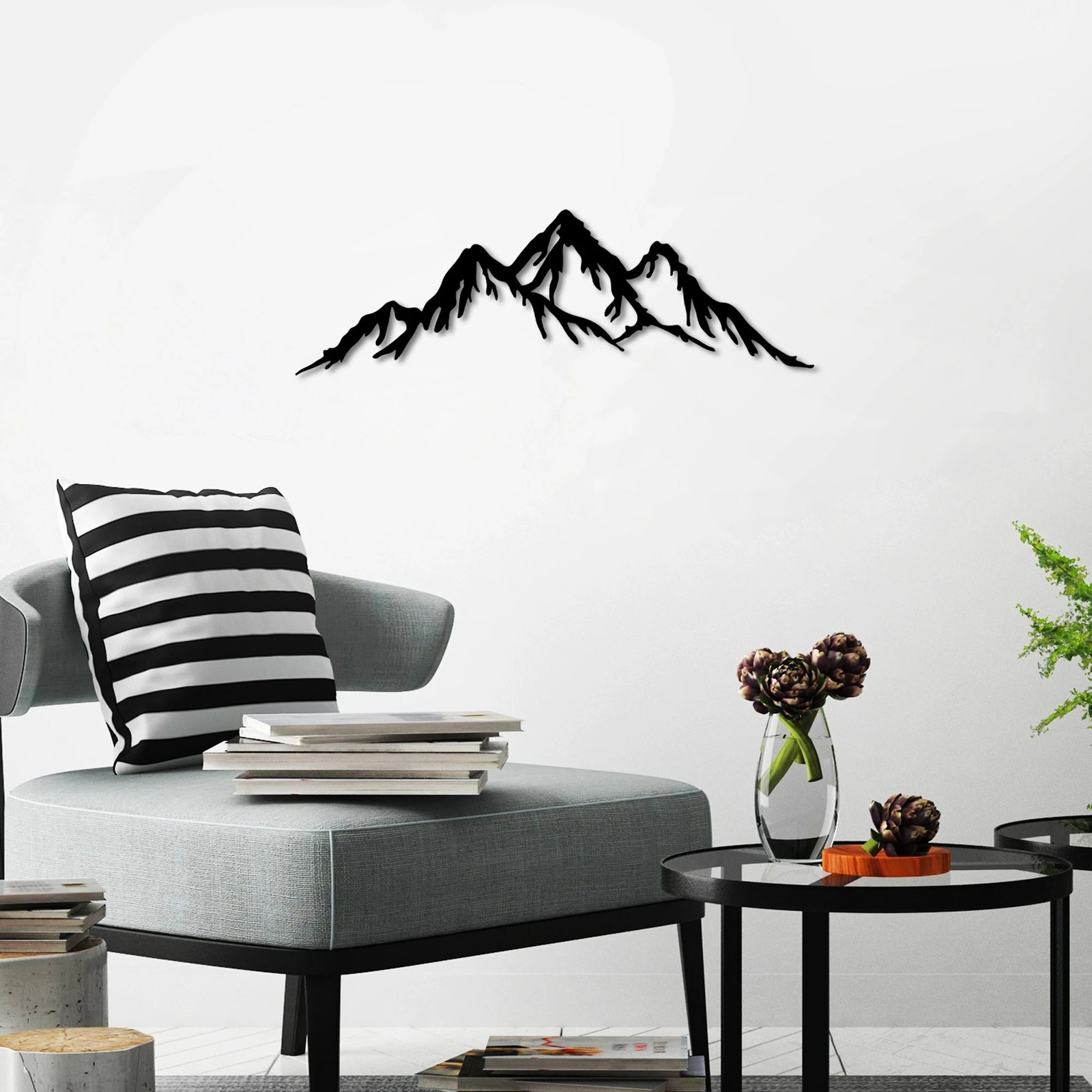 Aksesor dekorativ metalik për mur, mal, Wallity - 5, ngjyrë e zezë, 70x22cm