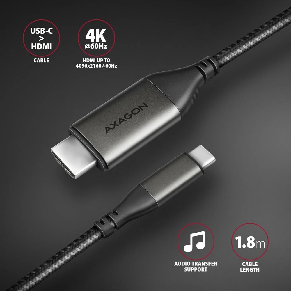Adapter kabllo USB-C në HDMI AXAGON RVC-HI2MC, 1.8m, Gri