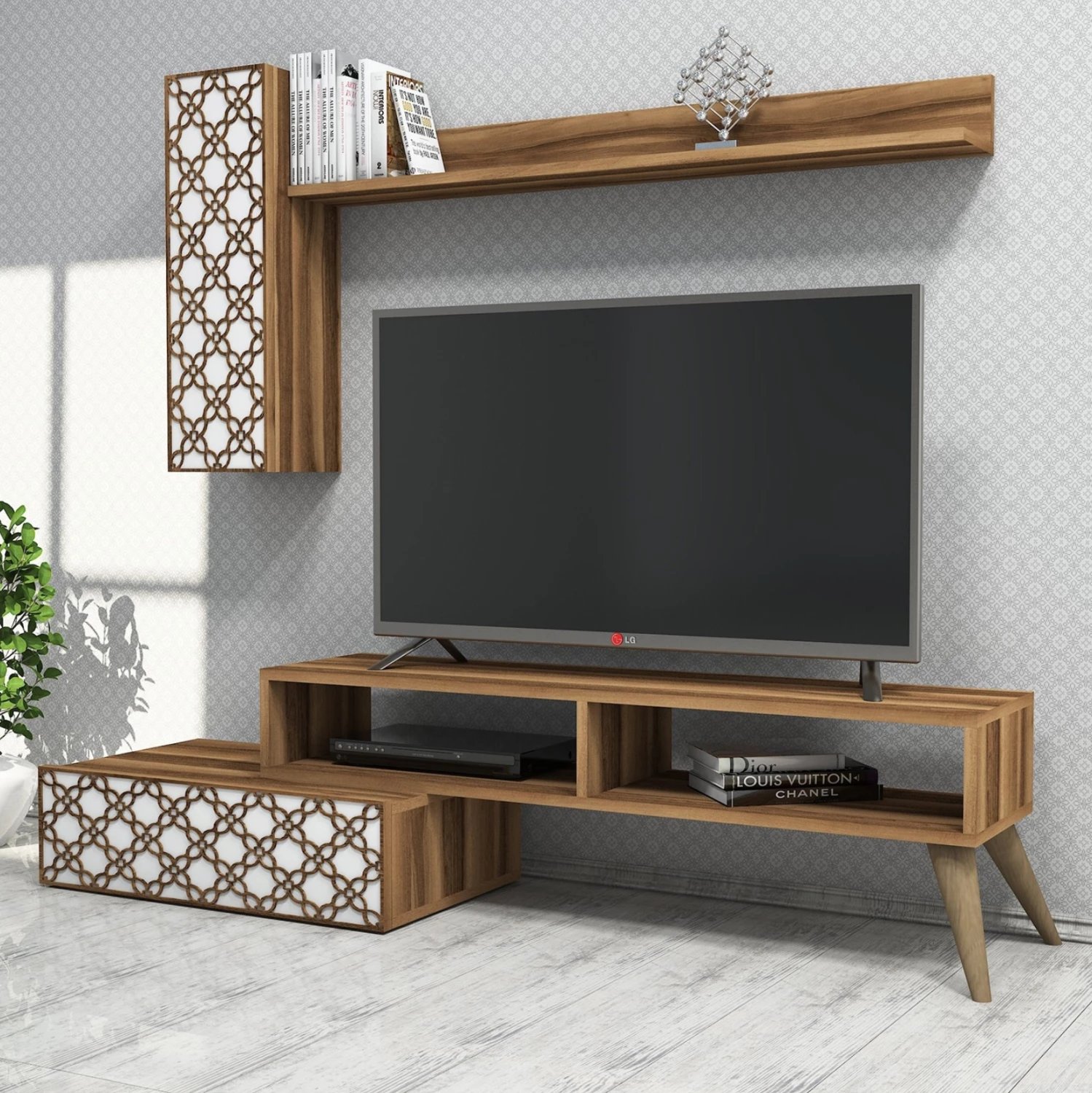 Set mobiljesh për TV, ngjyrë arre dhe e bardhë, FH9518.04, 150x37.2x37.8H cm