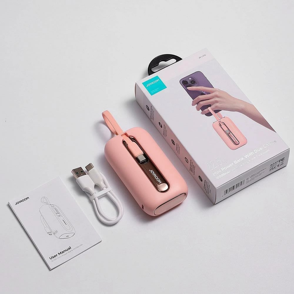 Powerbank Joyroom JR-L012, 10000mAh, 22.5W, me 2 kabllo të integruara USB-C dhe Lightning, Rozë