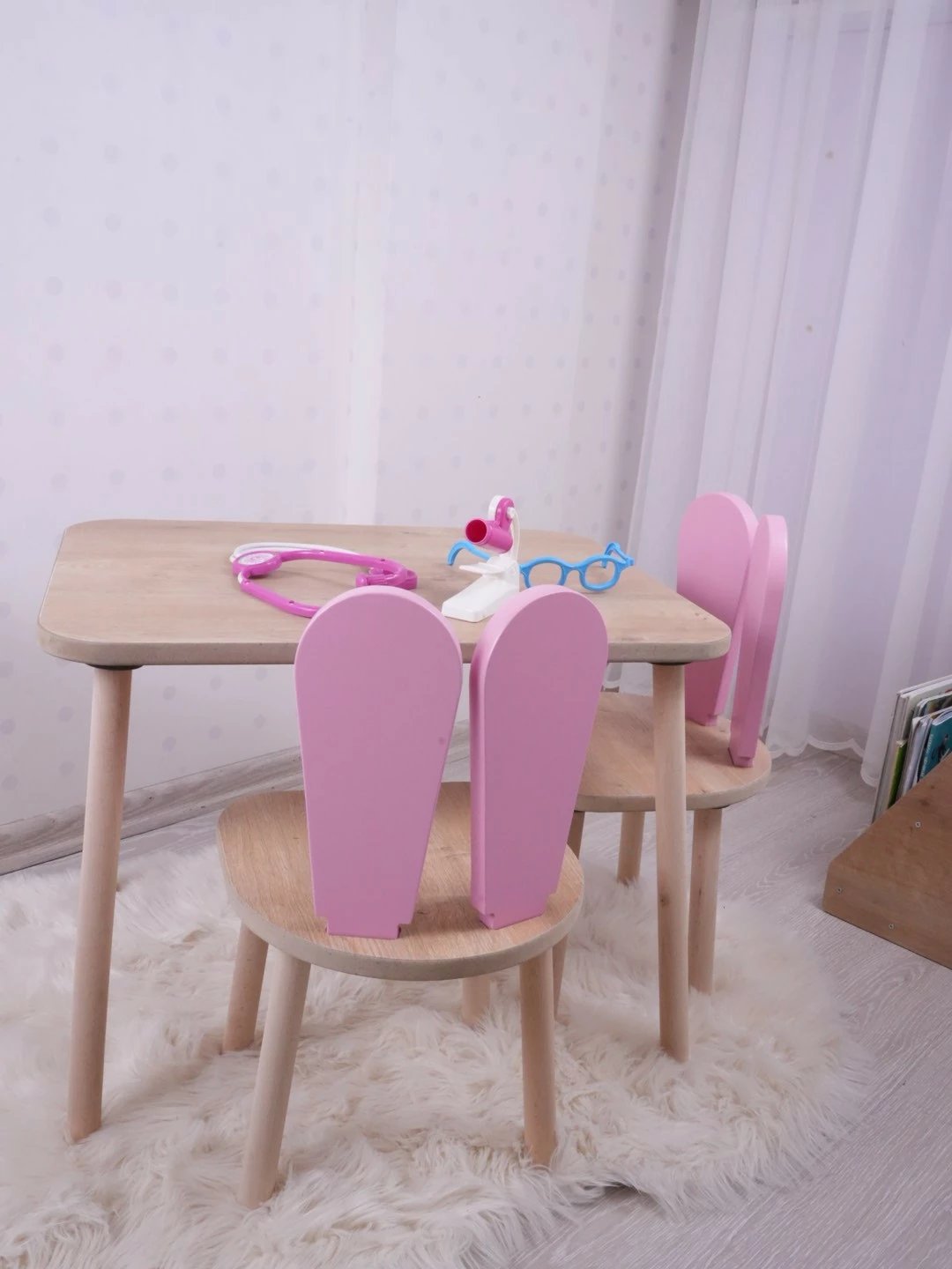 Set tavoline me dy karrige për fëmijë, Hanah Home, Bunny, rozë, kafe