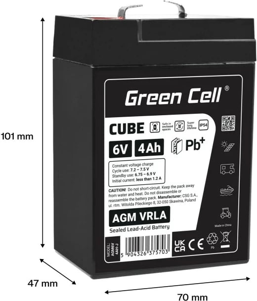 Bateri AGM VRLA, Green Cell, AGM6V4AH-J, 6V 4Ah, IP54, 101x70x47 mm, e zezë