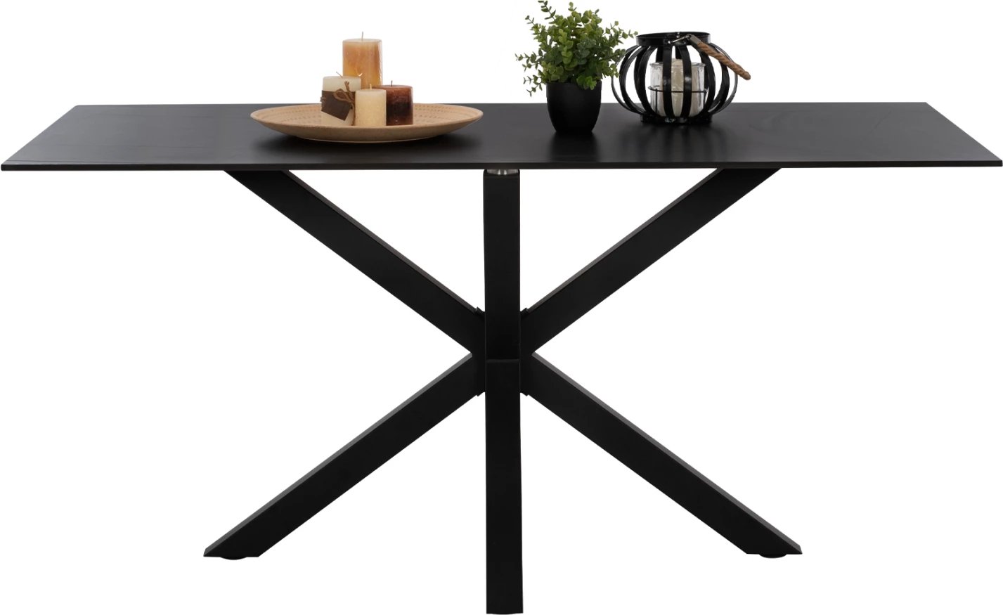 Tavolinë për ngrënie, gur i sinteruar, këmbë metali të zeza, 160x90x75 cm