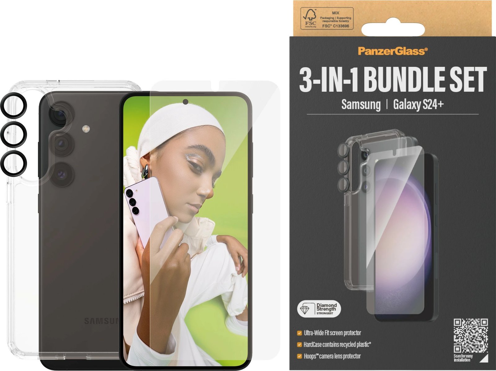 Mbështjellës PanzerGlass 3-in-1 për Samsung Galaxy S24 Plus, transparent