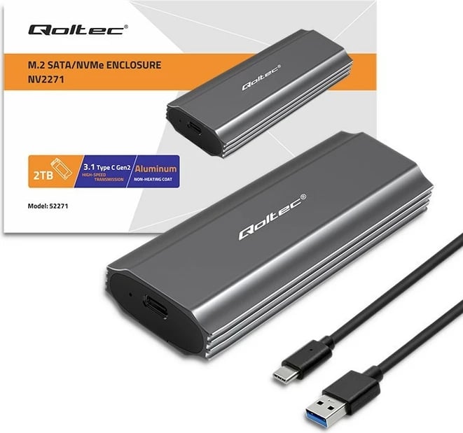 Kasë Qoltec NV2271 për SSD M.2, NVMe/SATA, USB-C, 2TB, Gri