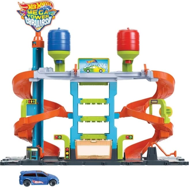Set garazh Hot Wheels City Twisted Mega Car Wash HDP05, me makinë Color Shifters, shumëngjyrësh