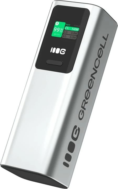 Powerbank, Green Cell, PowerPlay Ultra PBGC25UD, 25200mAh 140W PD, USB-C/USB-A, ekran LCD, argjendtë/zezë, me futrollë dhe kabllo C-C 140W