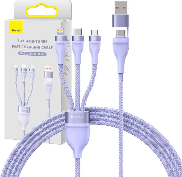 Kabllo 3-në-1 Baseus Flash Series 2, 1.2m, USB-C + micro USB + Lightning, 100W, vjollcë