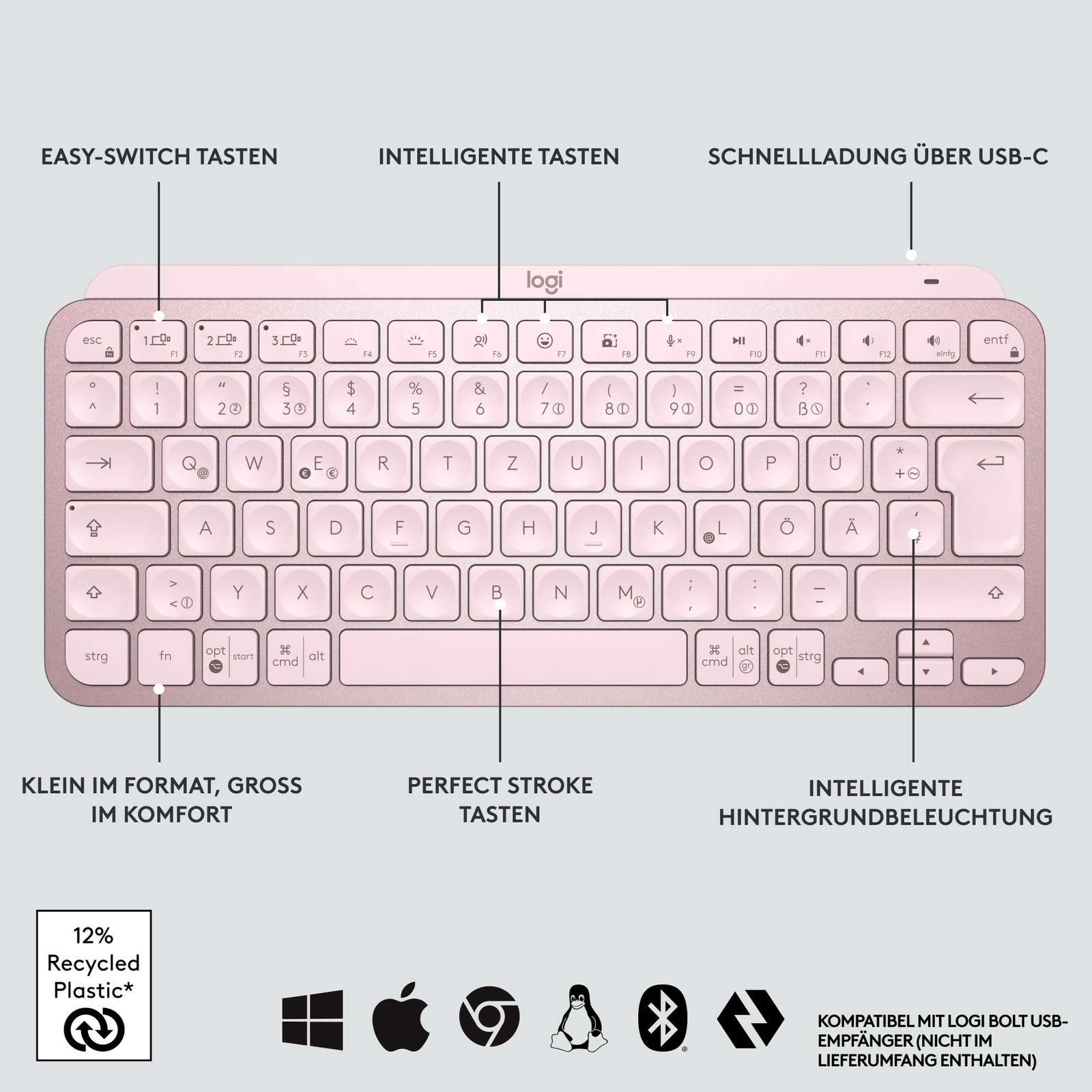 Tastierë wireless Logitech MX Keys Mini, ndriçim, rozë Tastierë wireless Logitech MX Keys Mini, ndriçim, rozë