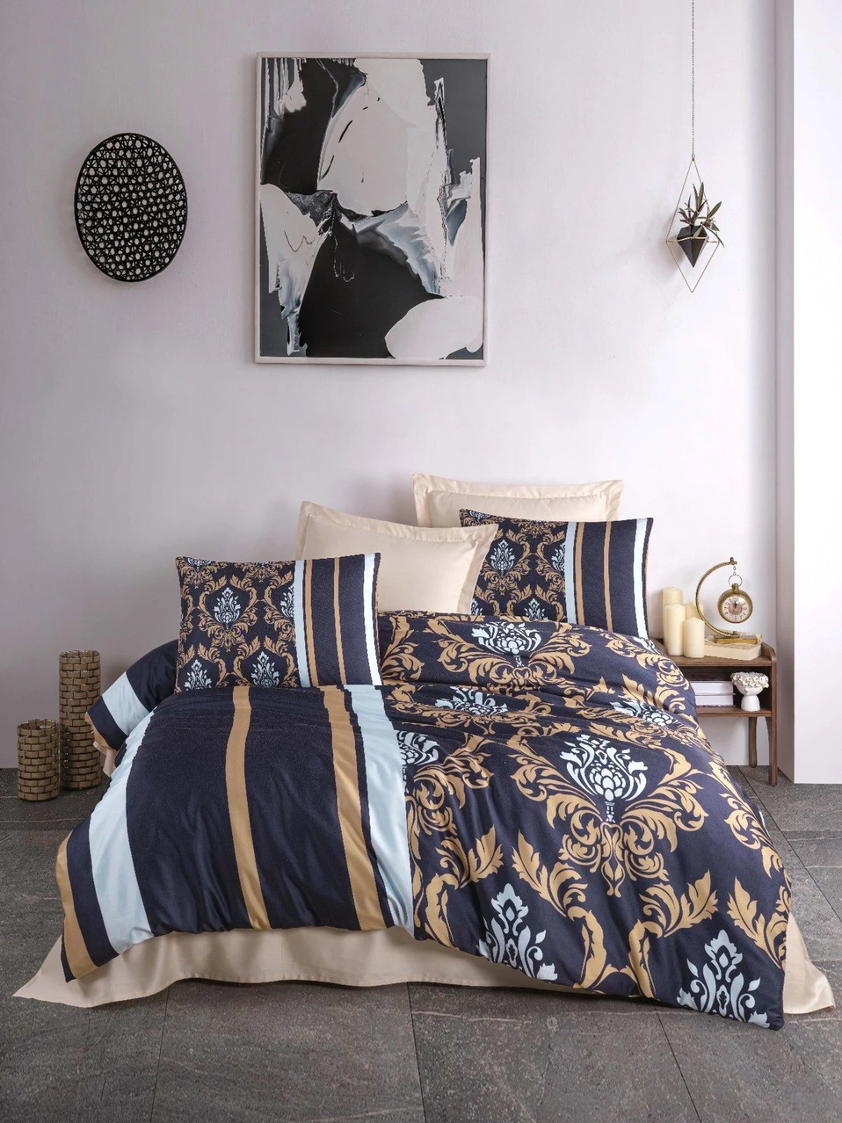 Set mbulesë për jorgan King, L'essentiel, 487, ngjyrë kaltër e errët, ar dhe e bardhë